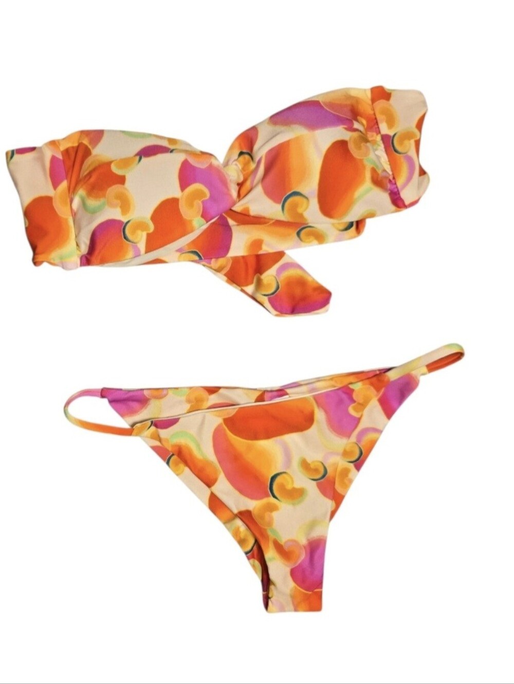 Farm Rio Caraiva Cashew Juice Print Bandeau Strapless Bikini 2pc Lined Size S